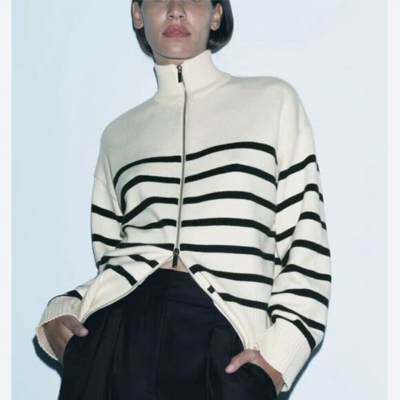 ZARA Zipped Striped Cream Cardigan Size S - Picture 1 of 9
